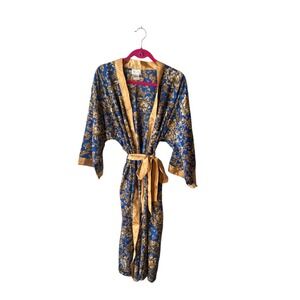 Yi Lin Women's Blue Gold Floral Satin Kimono Robe  Y2K Vintage Luxury Medium